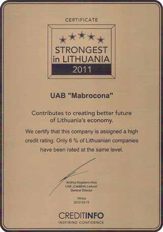 “Strongest in Lithuania” 2011 certificate